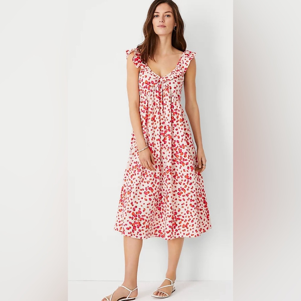 Ann Taylor flowy ruffle sleeve linen blend strawberry dress, size 10